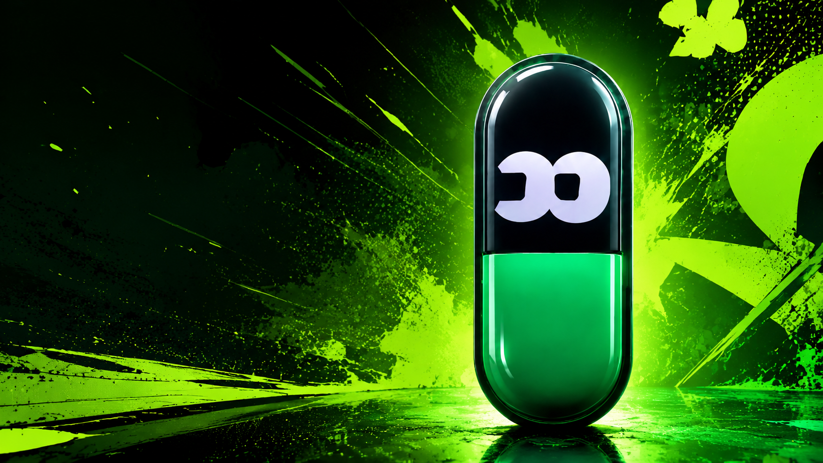 Glossy green and black PUMPOMO capsule in an acid-green world